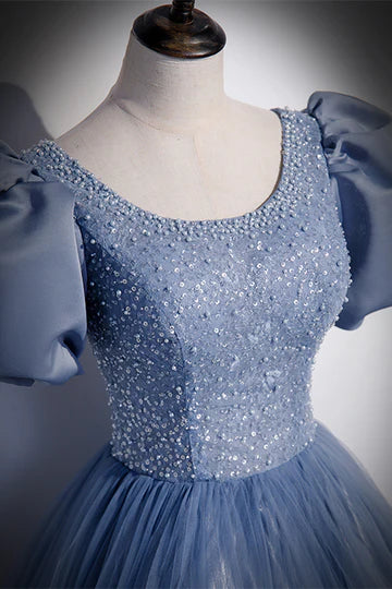 A-line Jewel Puff Sleeves Beaded Long Prom Dresses Formal Dress with Sequins