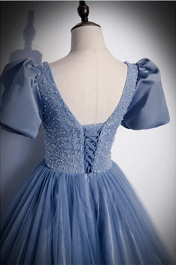 A-line Jewel Puff Sleeves Beaded Long Prom Dresses Formal Dress with Sequins