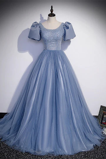 A-line Jewel Puff Sleeves Beaded Long Prom Dresses Formal Dress with Sequins