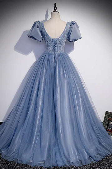 A-line Jewel Puff Sleeves Beaded Long Prom Dresses Formal Dress with Sequins