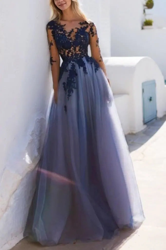 Blue Lace Long Sleeve Tulle Prom Dress with Illusion Neckline and Open Back for Formal Events and Prom Nights