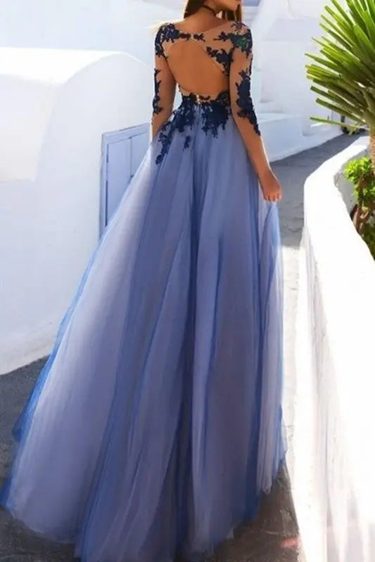 Blue Lace Long Sleeve Tulle Prom Dress with Illusion Neckline and Open Back for Formal Events and Prom Nights