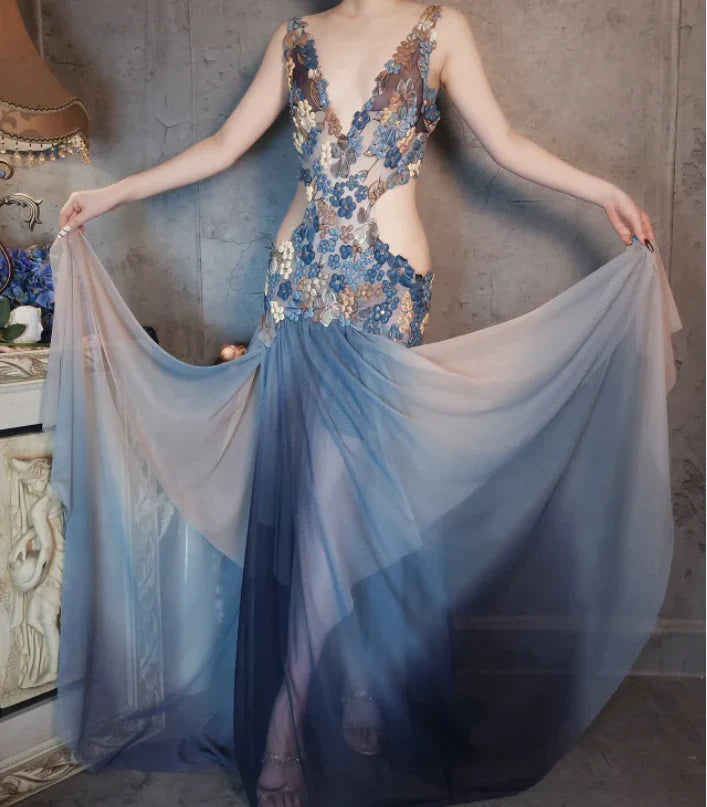 Blue Ombre Chiffon Floral Lace Cutout Waist V-Neck Floor Length Prom Dress