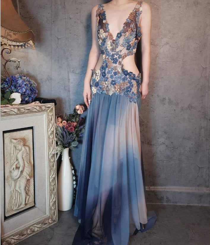 Blue Ombre Chiffon Floral Lace Cutout Waist V-Neck Floor Length Prom Dress