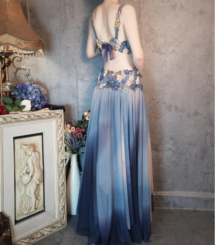 Blue Ombre Chiffon Floral Lace Cutout Waist V-Neck Floor Length Prom Dress