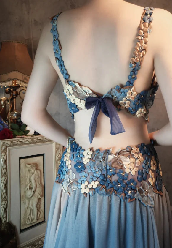 Blue Ombre Chiffon Floral Lace Cutout Waist V-Neck Floor Length Prom Dress