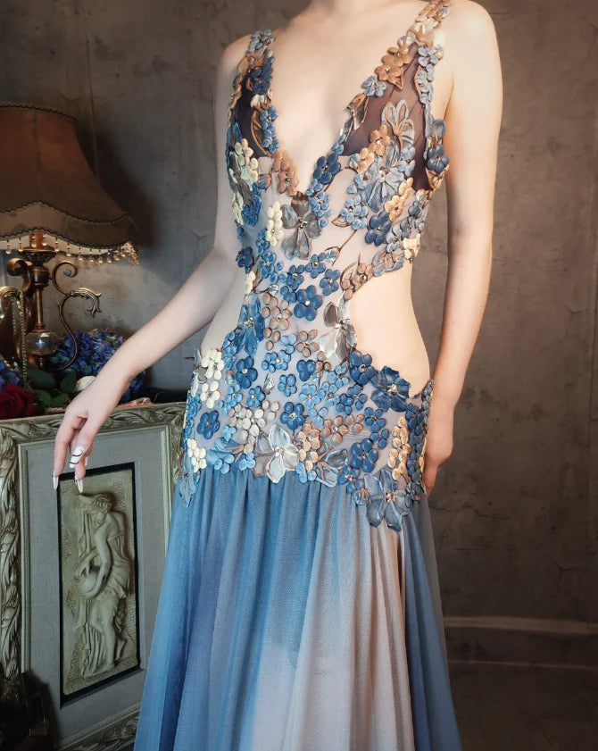 Blue Ombre Chiffon Floral Lace Cutout Waist V-Neck Floor Length Prom Dress