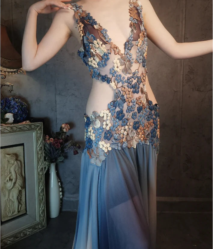 Blue Ombre Chiffon Floral Lace Cutout Waist V-Neck Floor Length Prom Dress