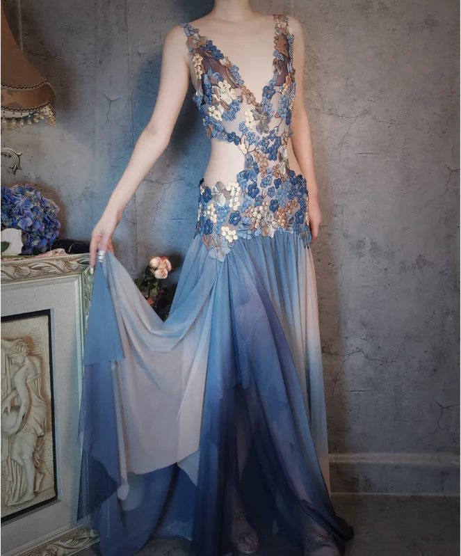 Blue Ombre Chiffon Floral Lace Cutout Waist V-Neck Floor Length Prom Dress