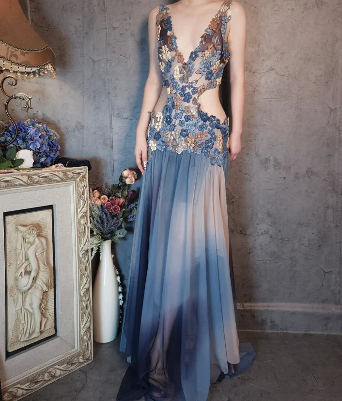 Blue Ombre Chiffon Floral Lace Cutout Waist V-Neck Floor Length Prom Dress