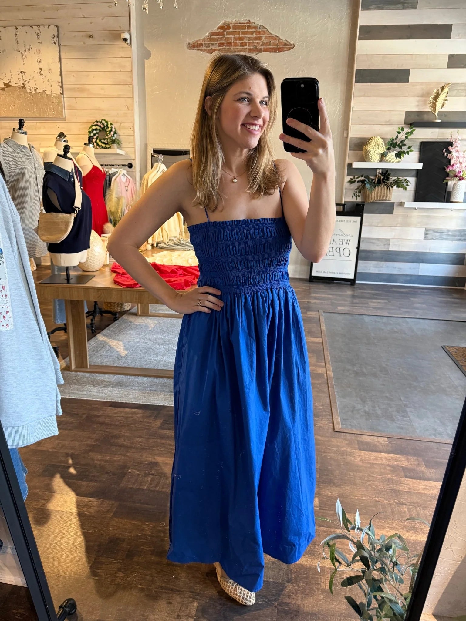 Blue Strapless Smocked Midi Prom Dress with Tie Back and Flowy Skirt for Casual Formal Events and Bridal Shower
