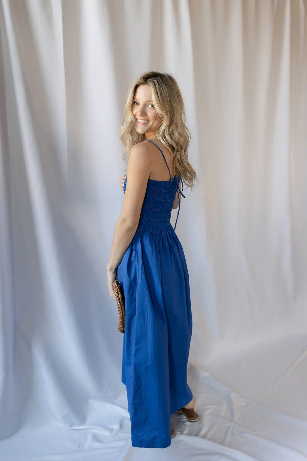 Blue Strapless Smocked Midi Prom Dress with Tie Back and Flowy Skirt for Casual Formal Events and Bridal Shower