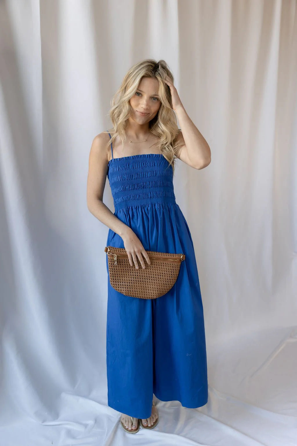 Blue Strapless Smocked Midi Prom Dress with Tie Back and Flowy Skirt for Casual Formal Events and Bridal Shower