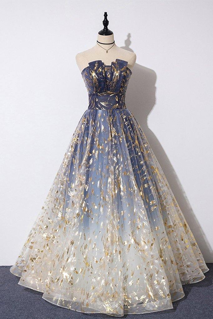 A-line Tulle Floral Print Strapless Prom Dresses Long Formal Dresses
