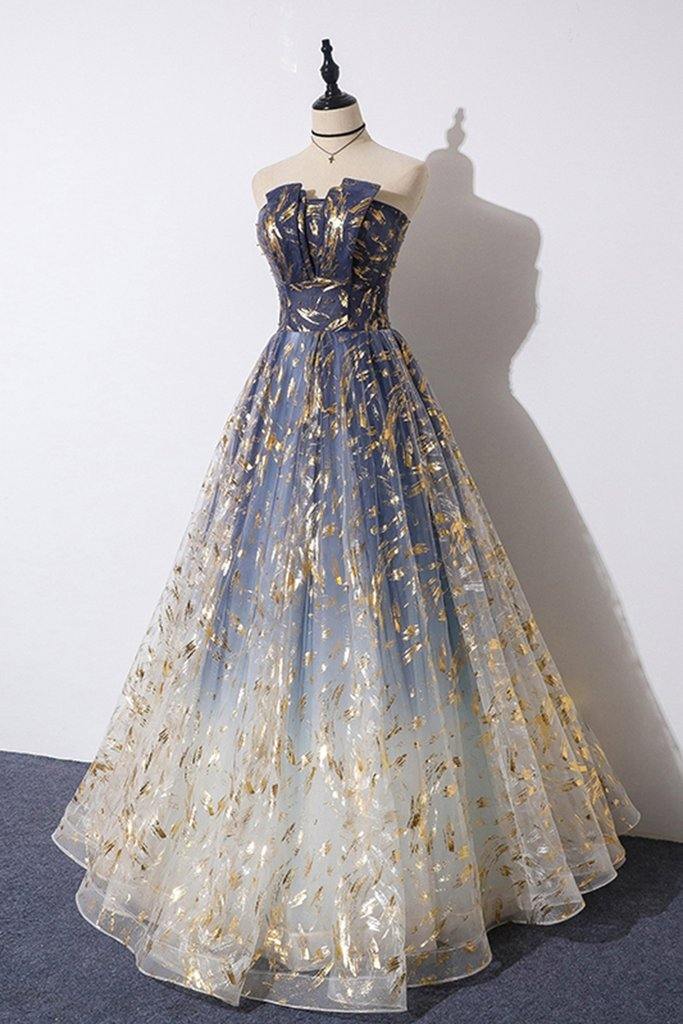 A-line Tulle Floral Print Strapless Prom Dresses Long Formal Dresses