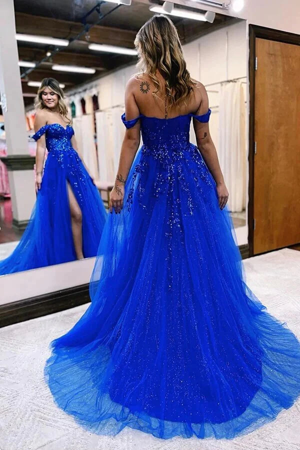A-line Tulle Off-the-Shoulder Lace Appliques Prom Dress With Slit