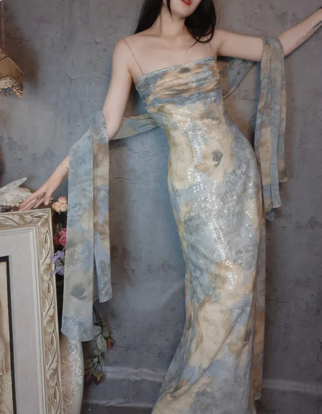 Blue and Beige Floral Strapless Sequin Mermaid Floor Length Prom Dress