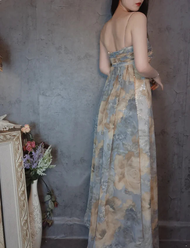 Blue and Beige Floral Strapless Sequin Mermaid Floor Length Prom Dress