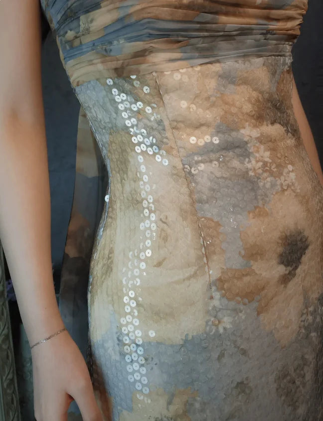 Blue and Beige Floral Strapless Sequin Mermaid Floor Length Prom Dress