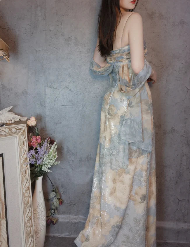 Blue and Beige Floral Strapless Sequin Mermaid Floor Length Prom Dress