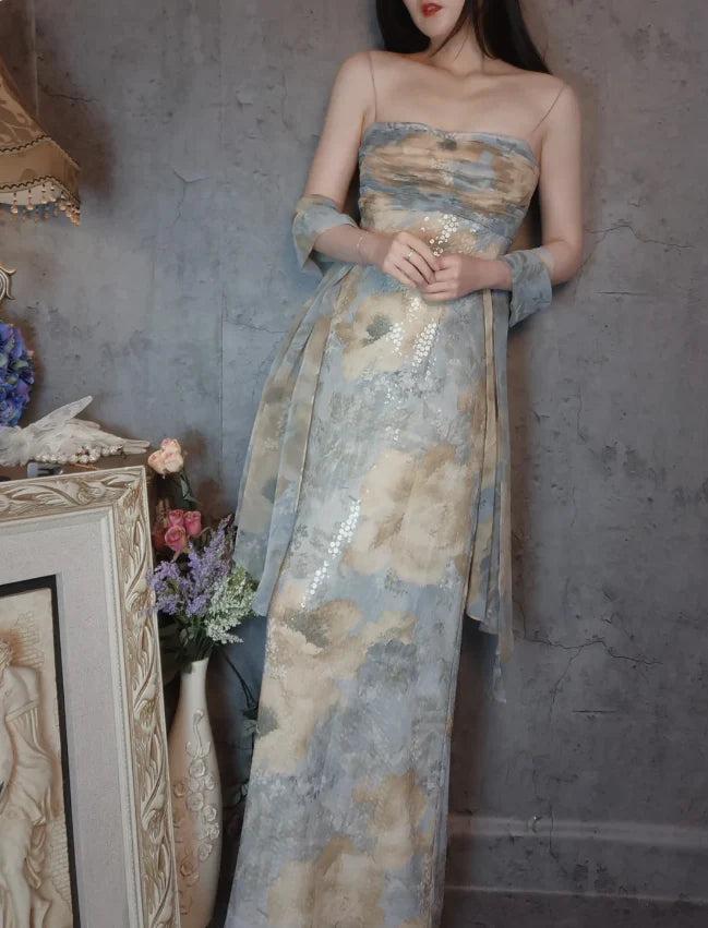 Blue and Beige Floral Strapless Sequin Mermaid Floor Length Prom Dress