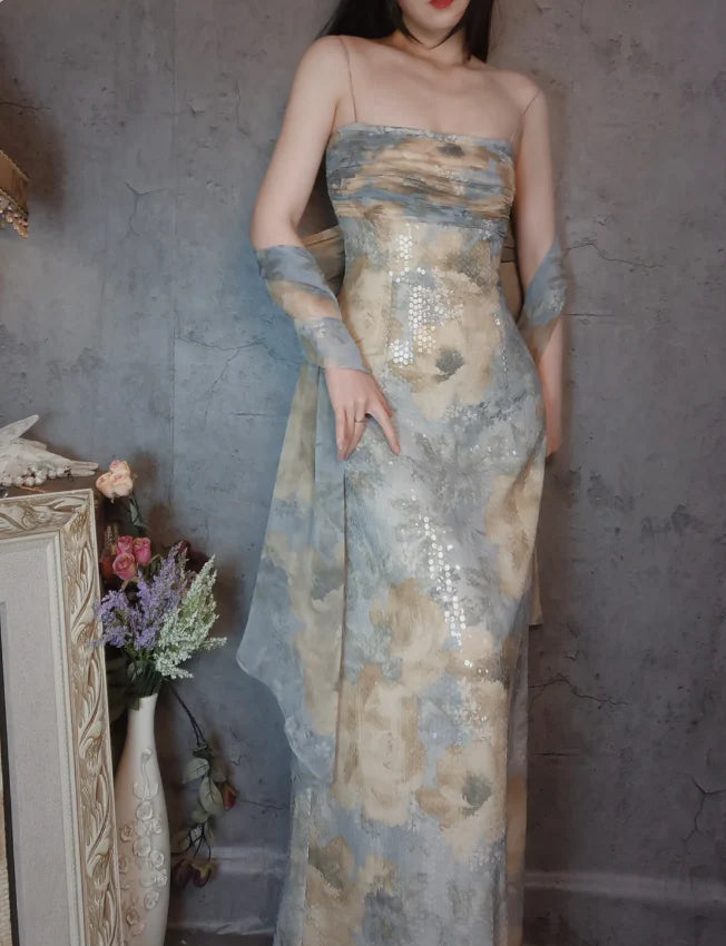 Blue and Beige Floral Strapless Sequin Mermaid Floor Length Prom Dress