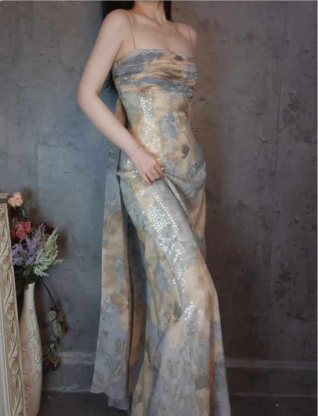 Blue and Beige Floral Strapless Sequin Mermaid Floor Length Prom Dress