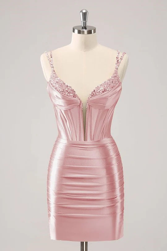 Blush sweetheart corset short prom dress.