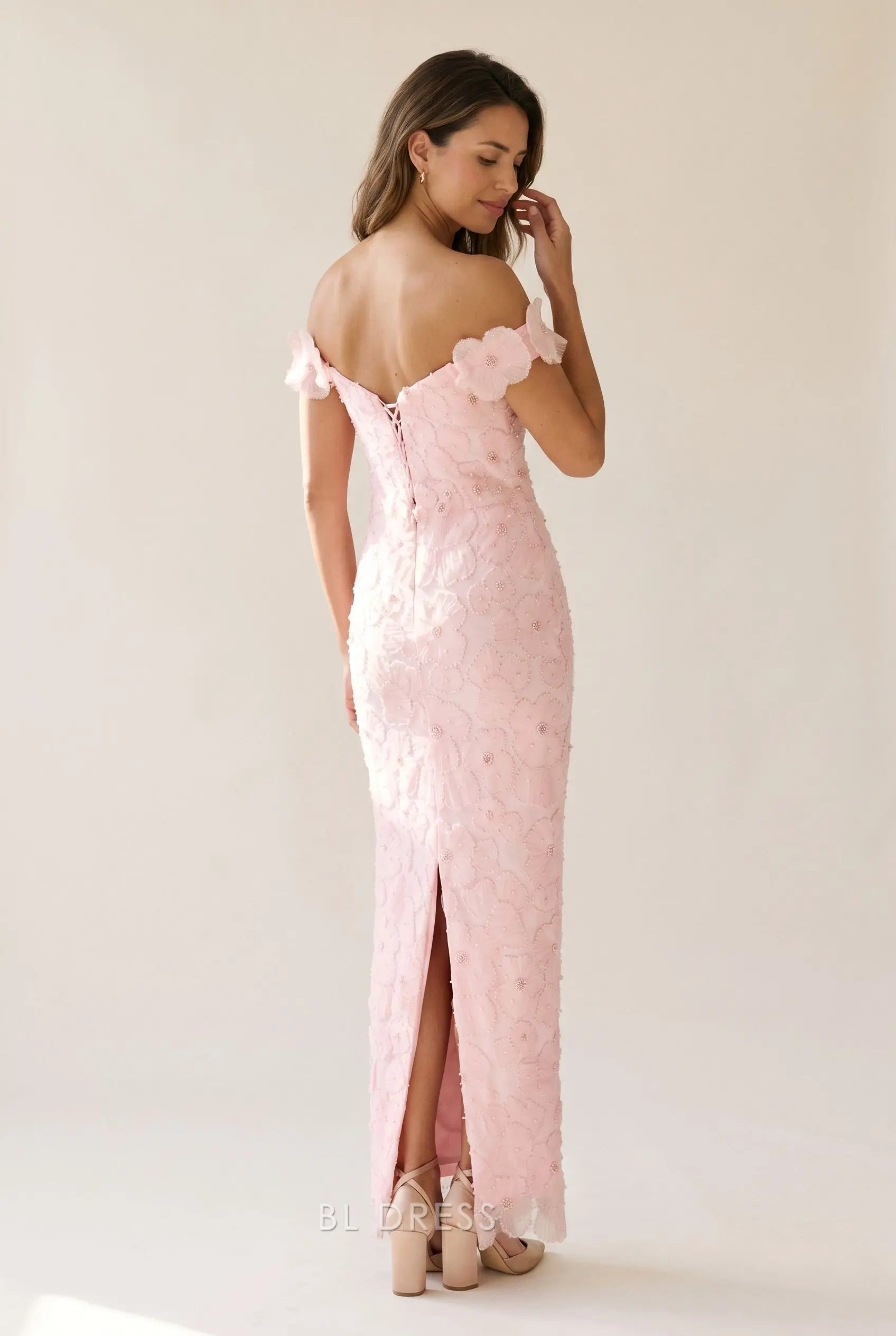 Blush Pink 3D Floral Beaded Off The Shoulder Lace Up Back High Slit Midi Prom Dress