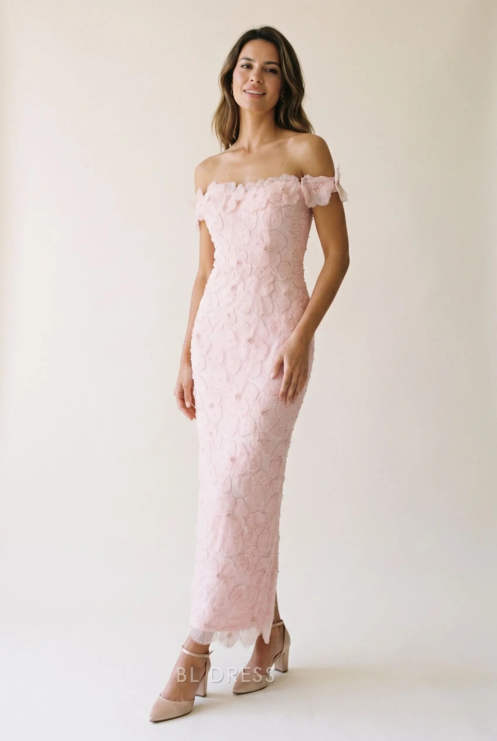 Blush Pink 3D Floral Beaded Off The Shoulder Lace Up Back High Slit Midi Prom Dress