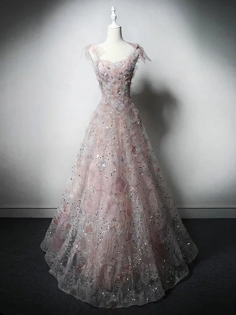 Blush Pink 3D Floral Lace Off Shoulder Corset Back Floor Length Sparkly A-Line Prom Dress