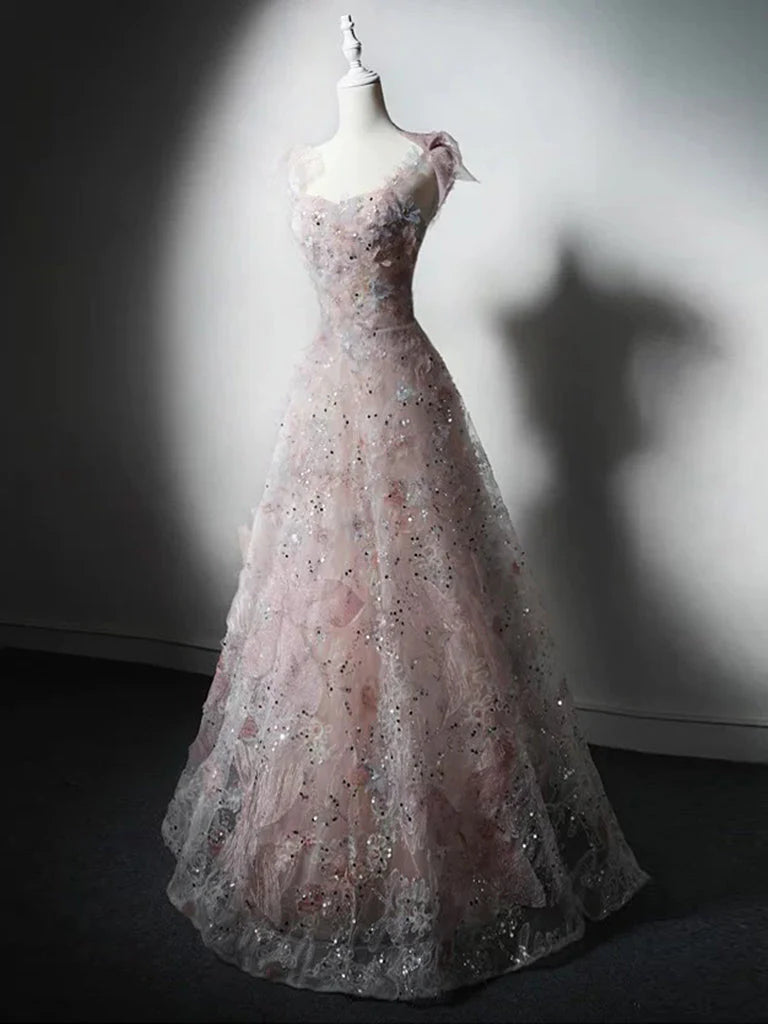 Blush Pink 3D Floral Lace Off Shoulder Corset Back Floor Length Sparkly A-Line Prom Dress