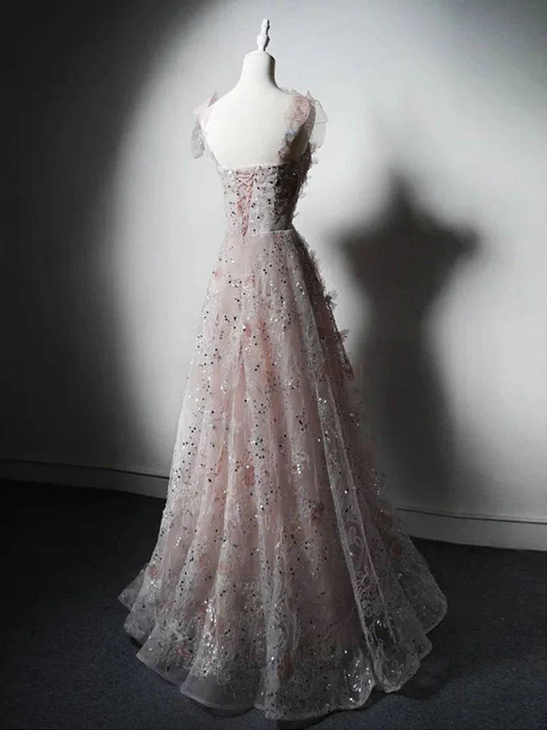 Blush Pink 3D Floral Lace Off Shoulder Corset Back Floor Length Sparkly A-Line Prom Dress
