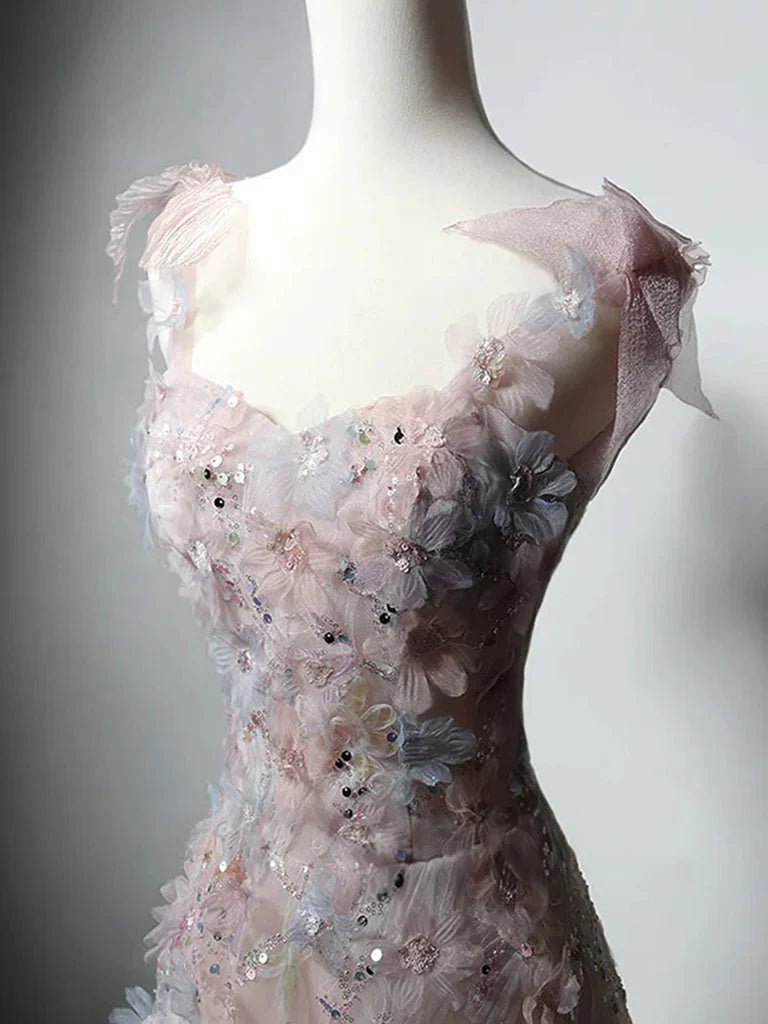 Blush Pink 3D Floral Lace Off Shoulder Corset Back Floor Length Sparkly A-Line Prom Dress
