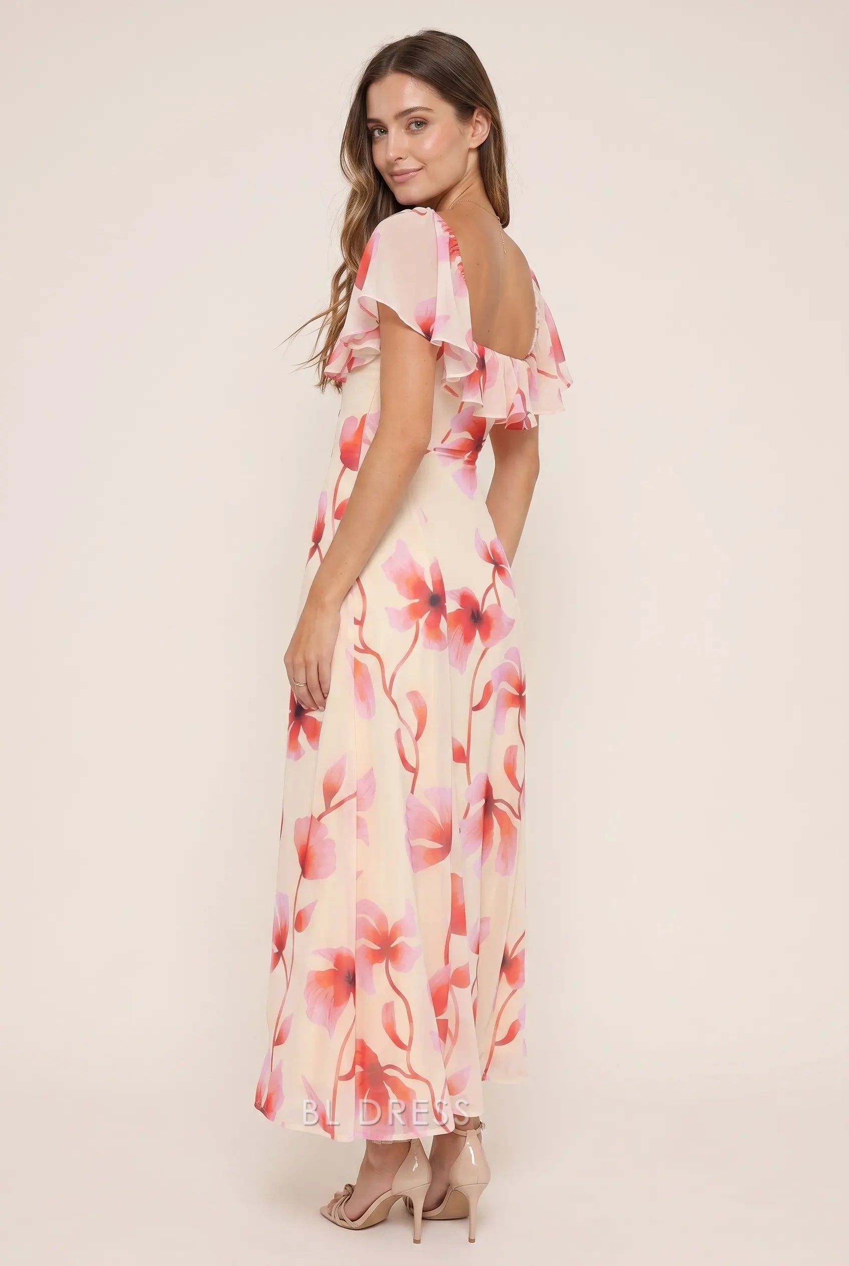 Blush Pink Floral Print Square Neck Ruffled Cap Sleeve Chiffon Floor Length Formal Evening Prom Dress