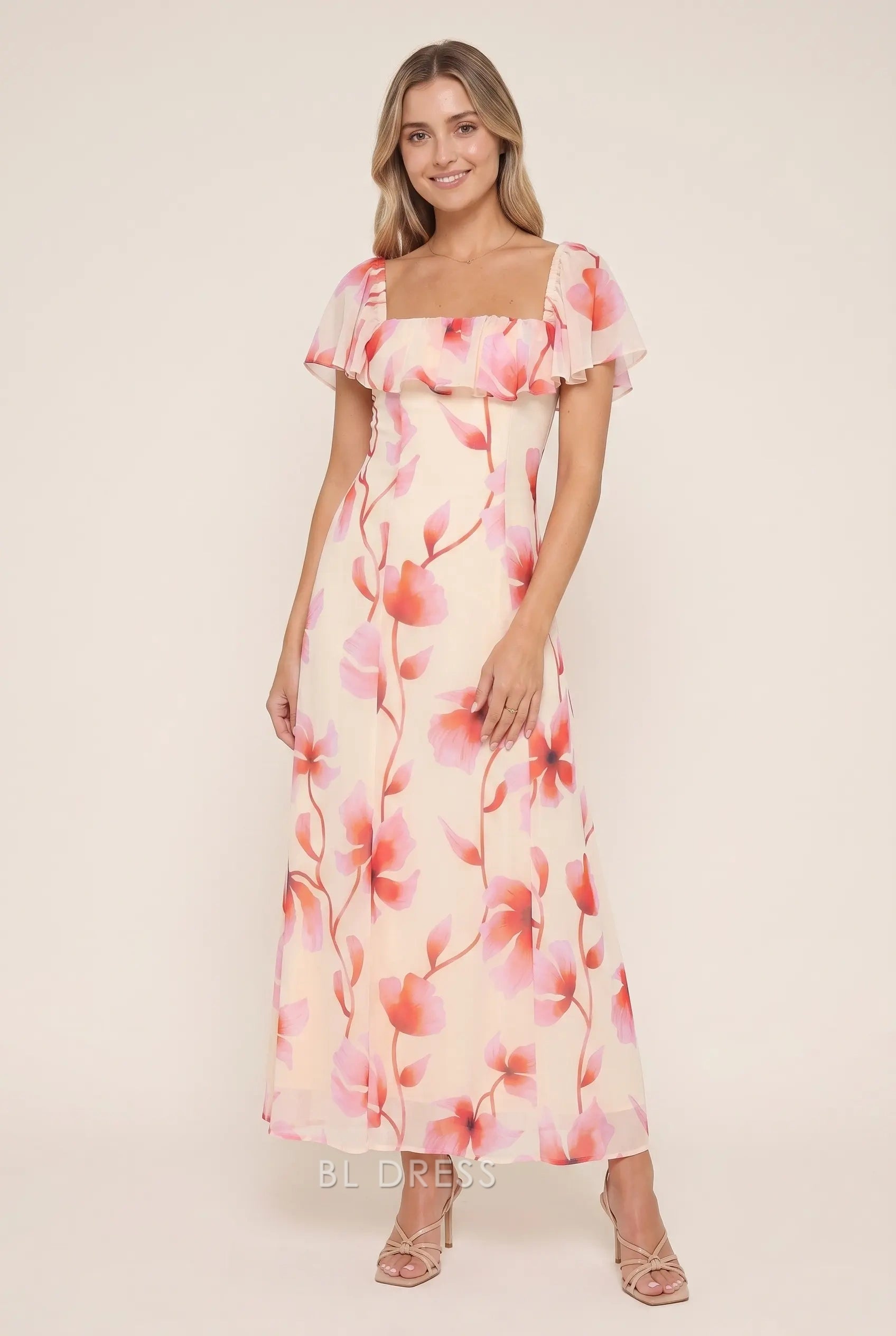Blush Pink Floral Print Square Neck Ruffled Cap Sleeve Chiffon Floor Length Formal Evening Prom Dress