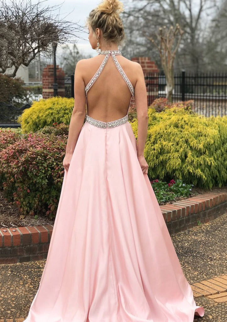 Blush Pink Halter Neck Open Back Beaded Waist Satin A Line Long Formal Evening Prom Dress