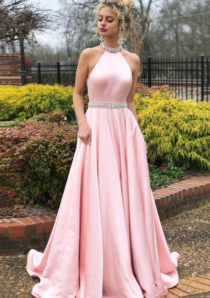 Blush Pink Halter Neck Open Back Beaded Waist Satin A Line Long Formal Evening Prom Dress