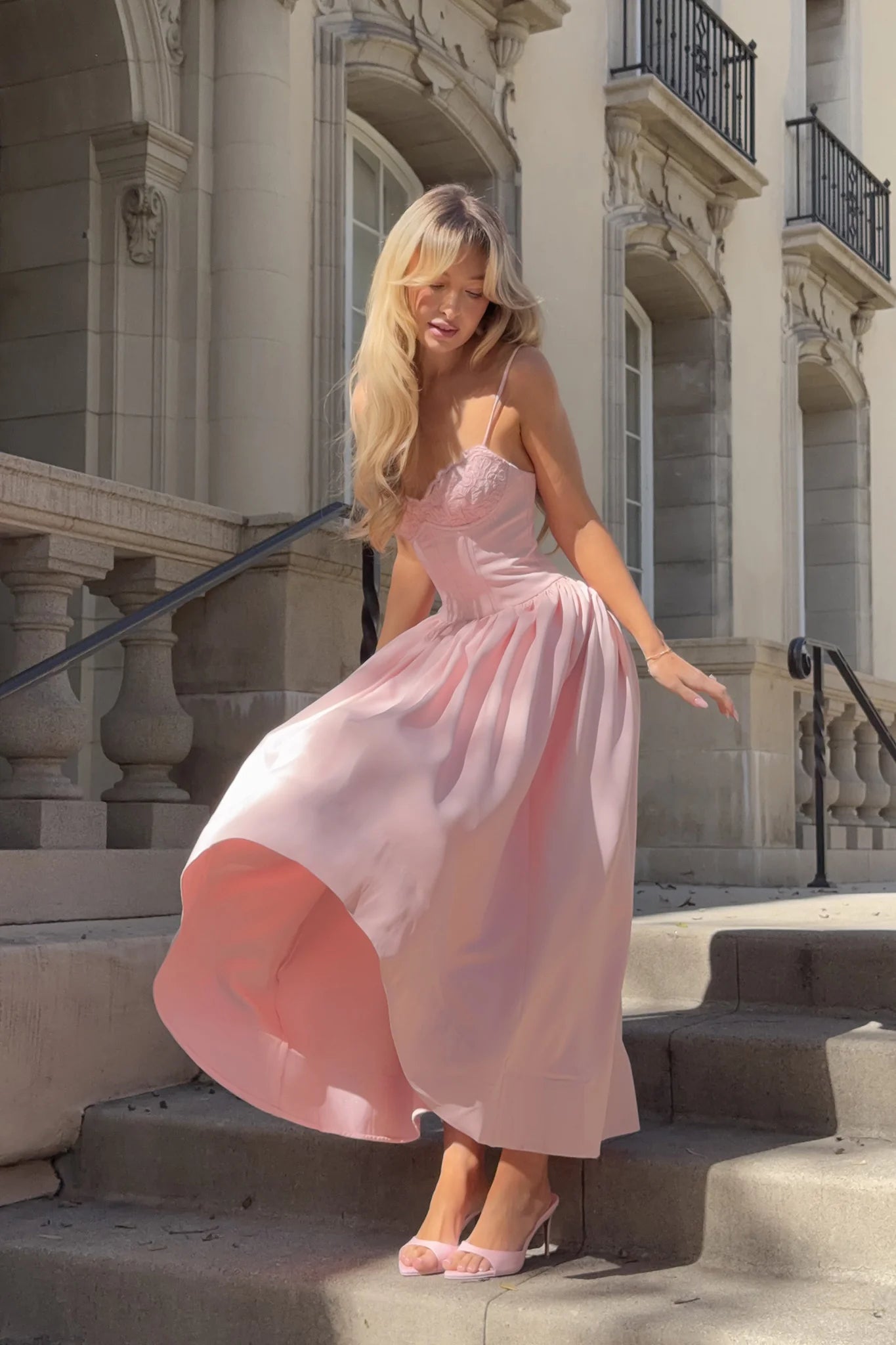 Blush Pink Lace Bustier High Low Midi Evening Dress