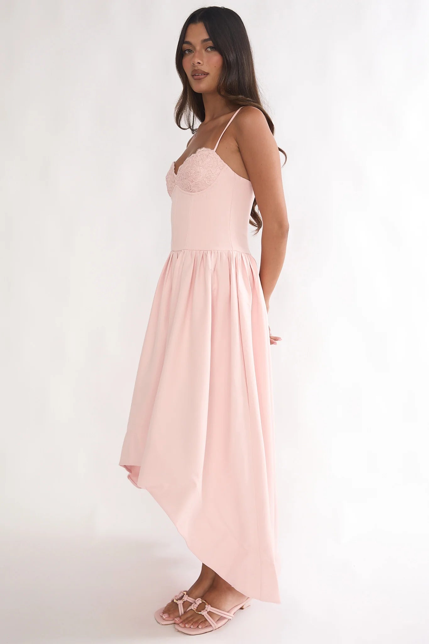 Blush Pink Lace Bustier High Low Midi Evening Dress