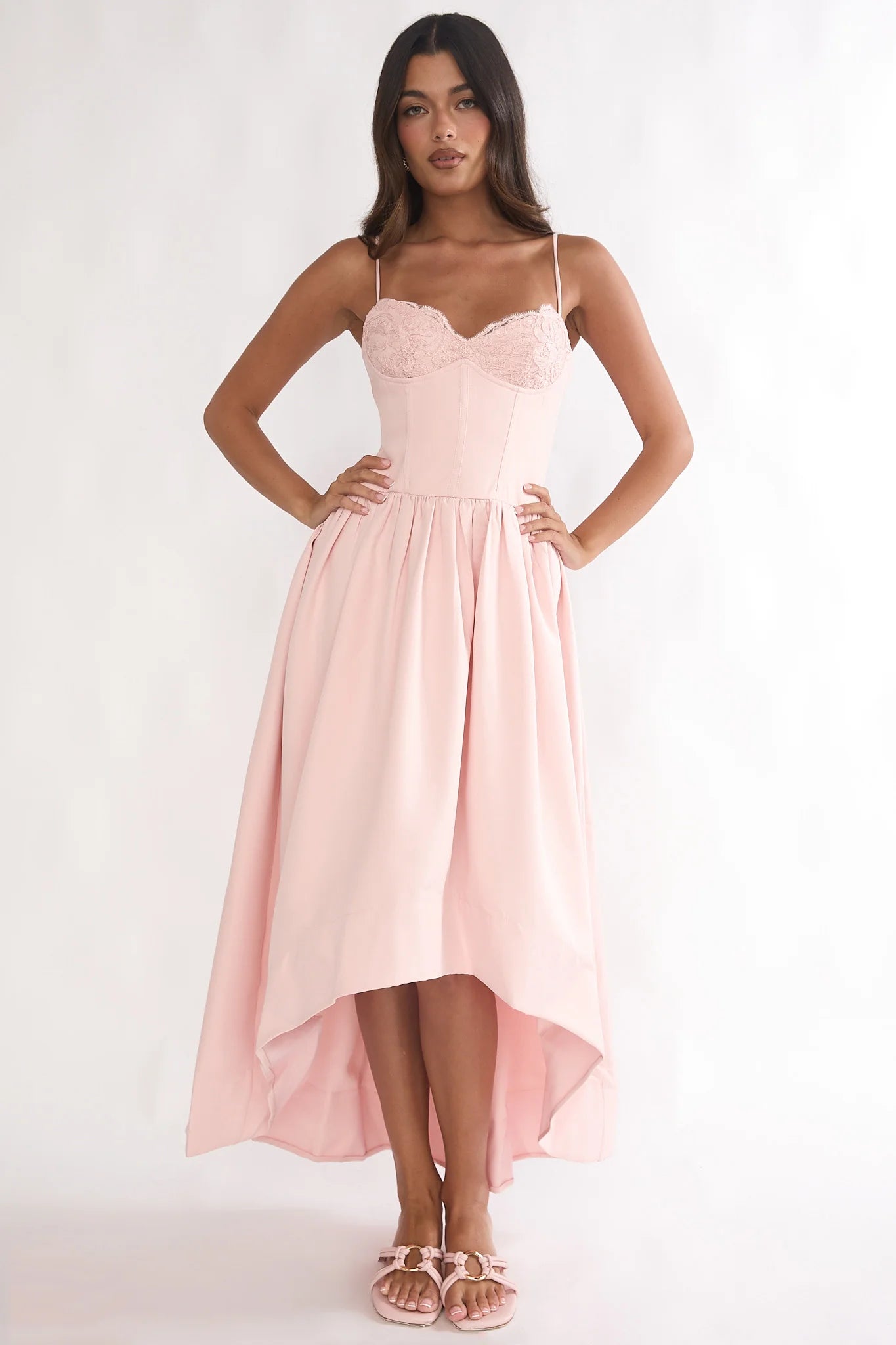 Blush Pink Lace Bustier High Low Midi Evening Dress