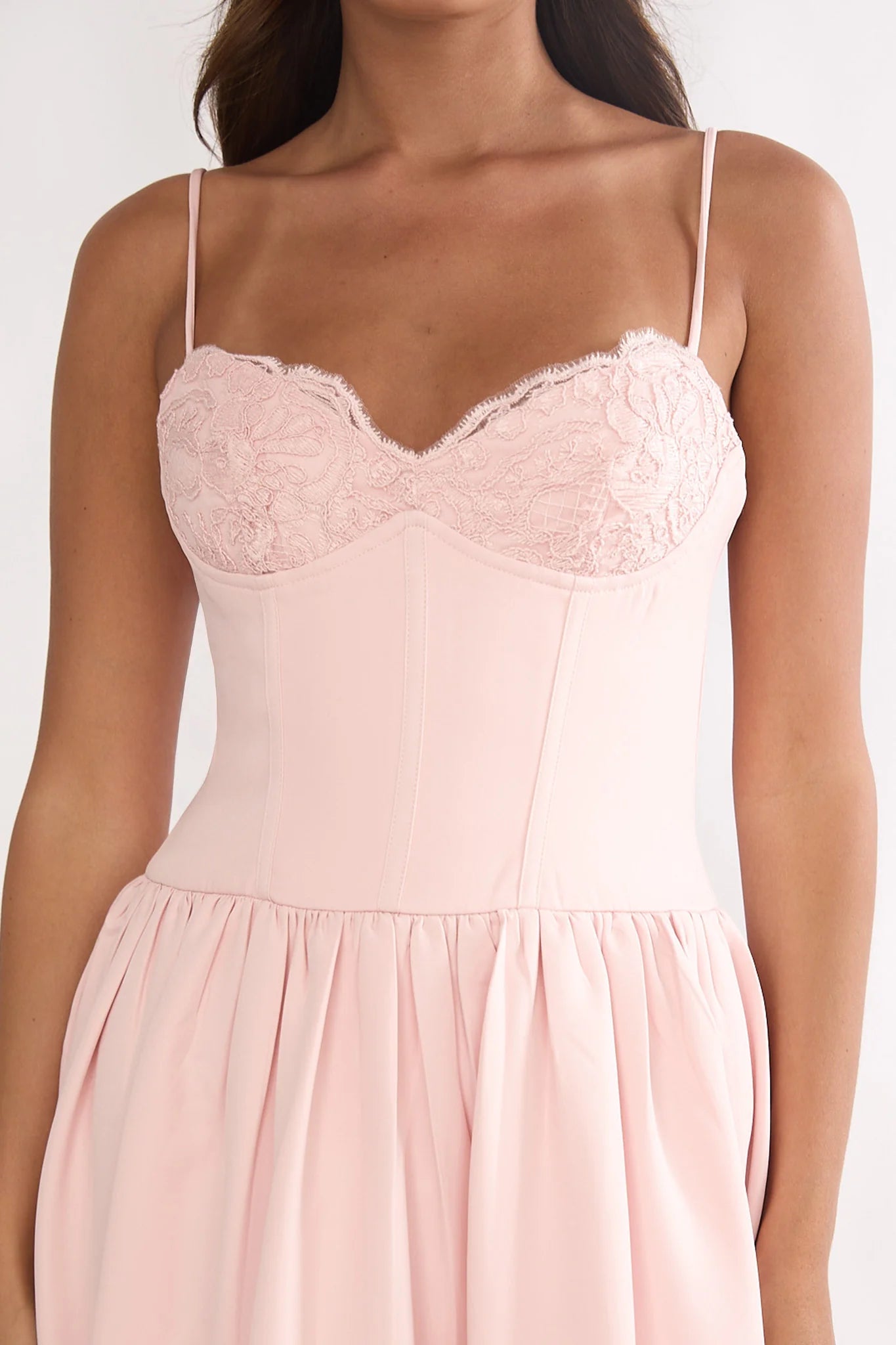 Blush Pink Lace Bustier High Low Midi Evening Dress