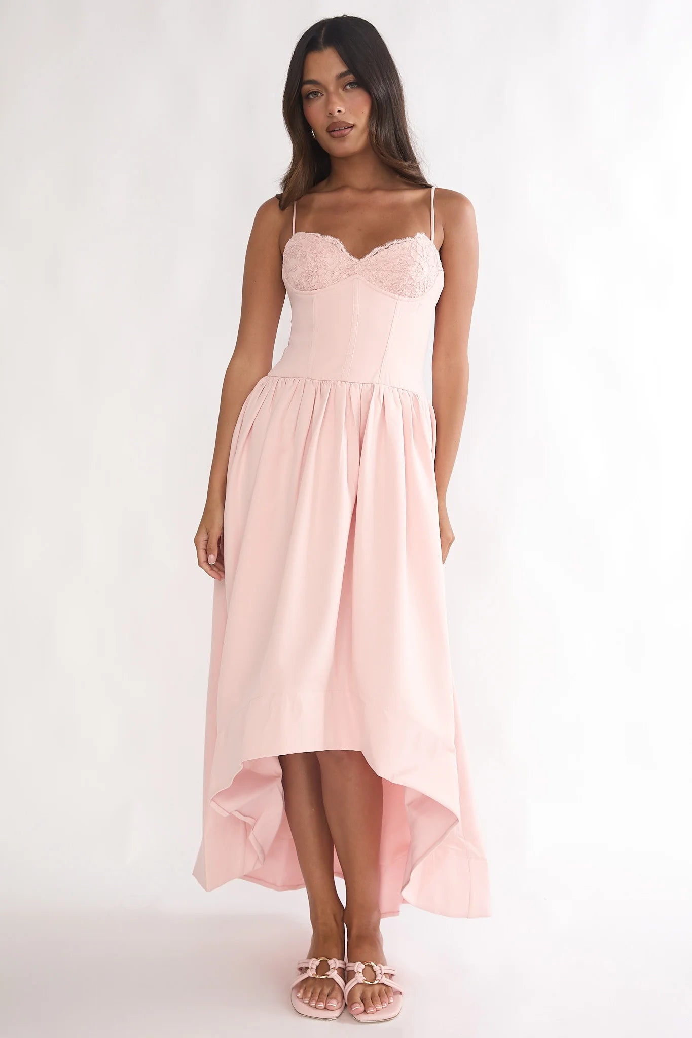 Blush Pink Lace Bustier High Low Midi Evening Dress