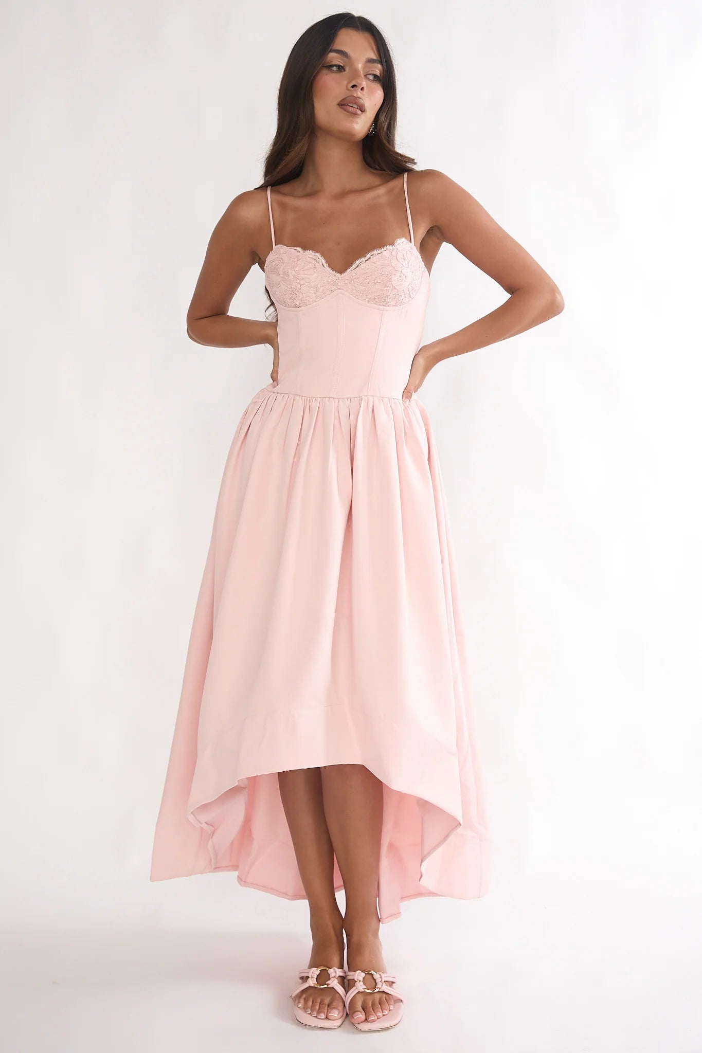 Blush Pink Lace Bustier High Low Midi Evening Dress