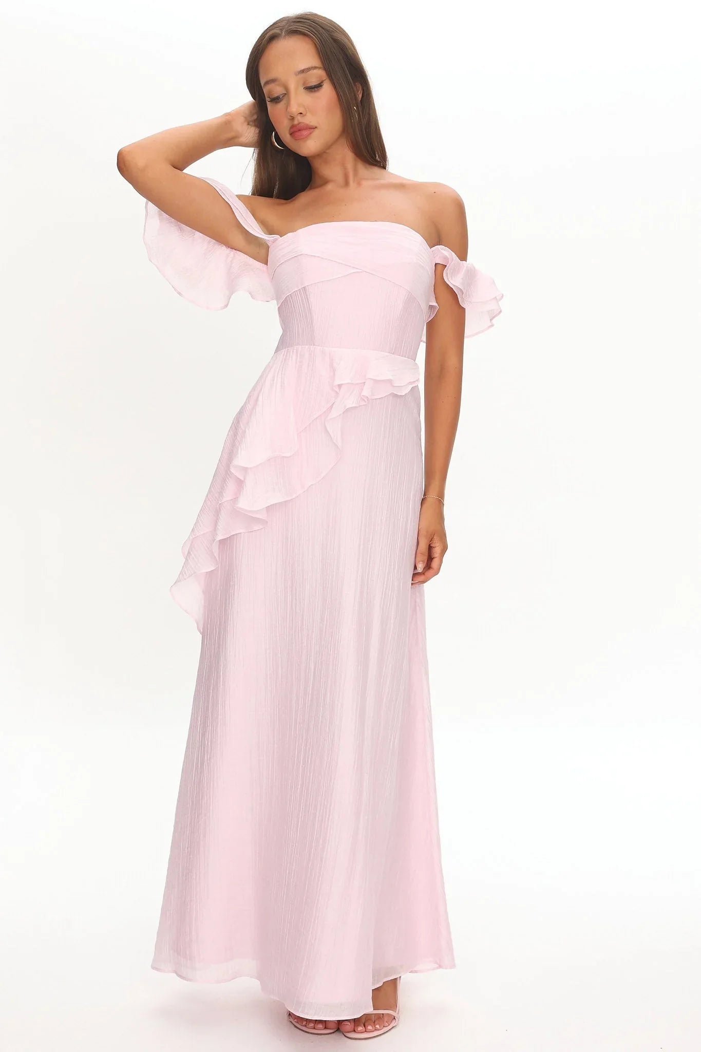 Blush Pink Off-Shoulder Ruffle Trim Bow Back Chiffon Maxi Formal Evening Prom Dress