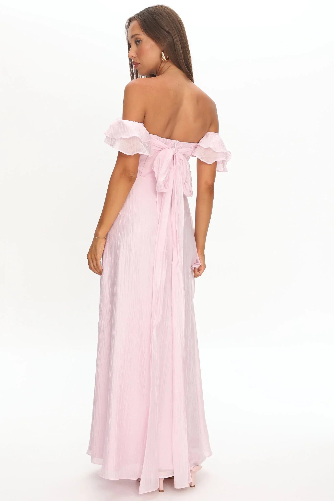 Blush Pink Off-Shoulder Ruffle Trim Bow Back Chiffon Maxi Formal Evening Prom Dress