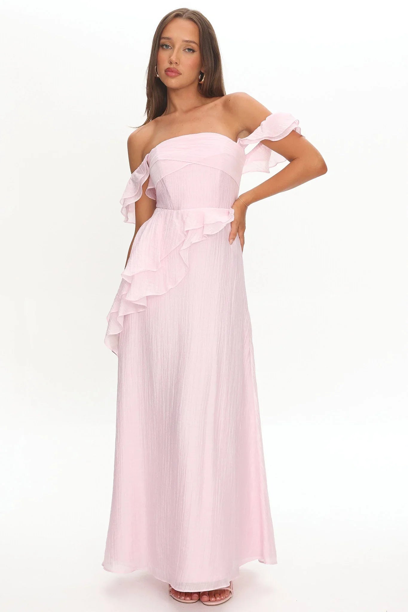 Blush Pink Off-Shoulder Ruffle Trim Bow Back Chiffon Maxi Formal Evening Prom Dress