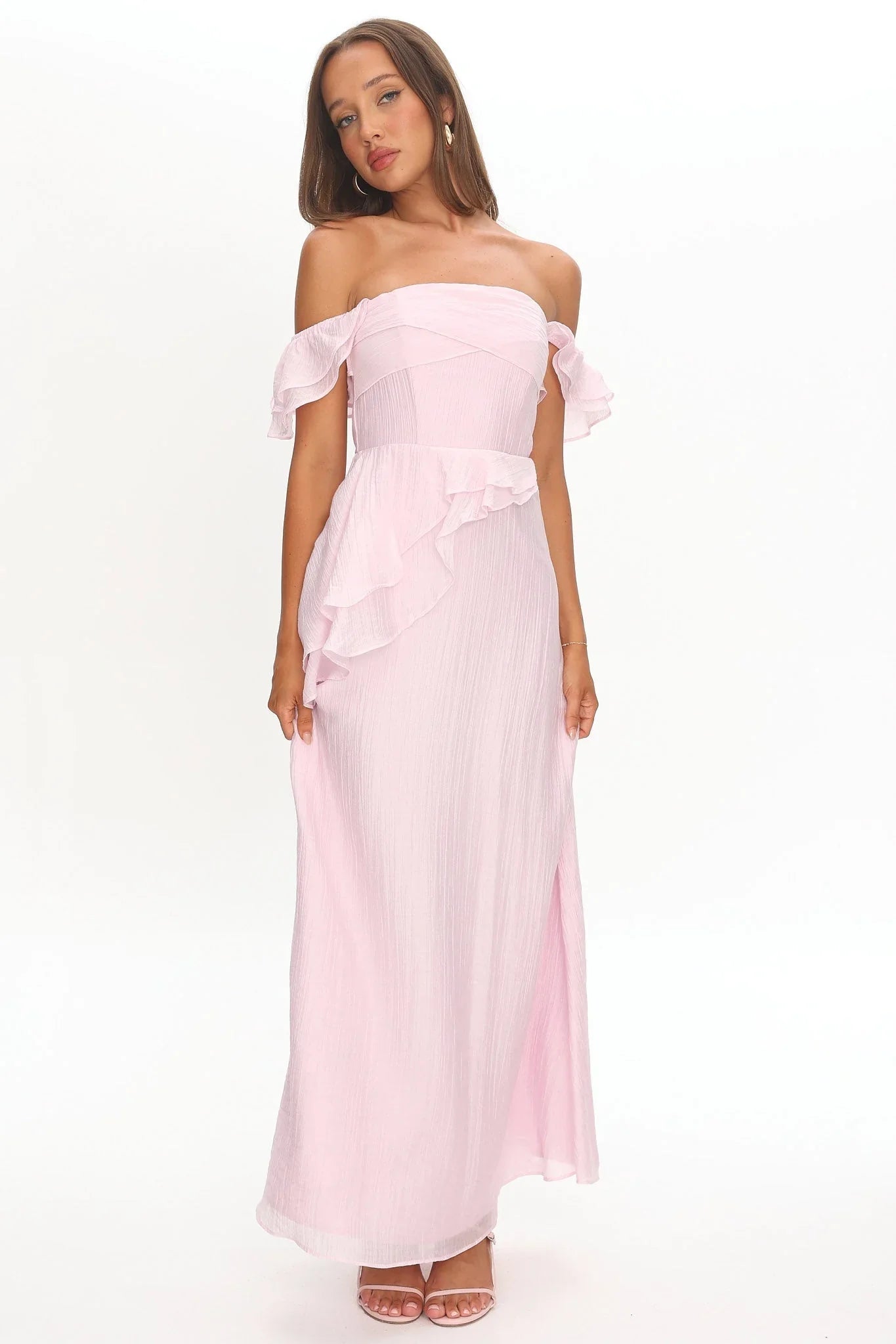 Blush Pink Off-Shoulder Ruffle Trim Bow Back Chiffon Maxi Formal Evening Prom Dress