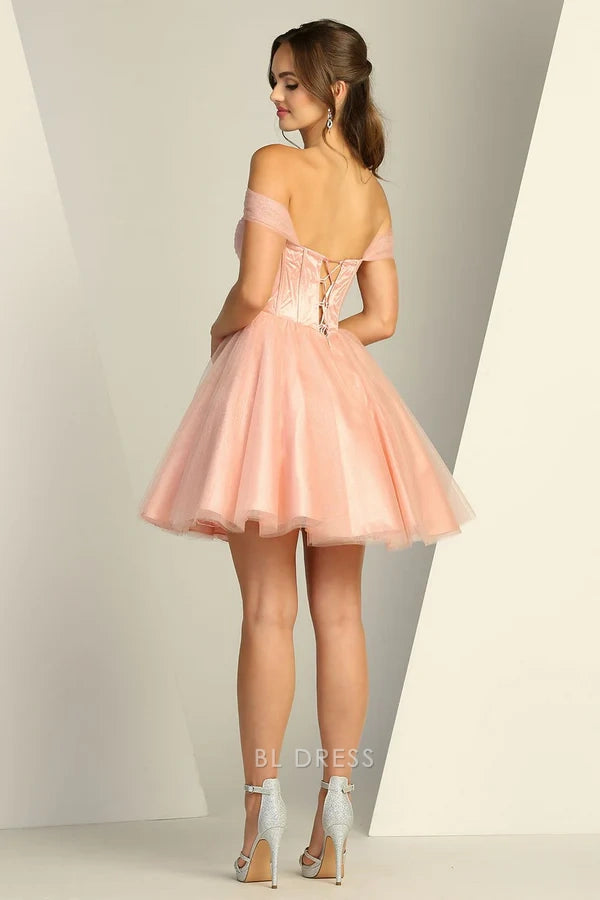 Blush Pink Off-The-Shoulder Boned Corset Rhinestone Accent Lace-Up Back Glitter Tulle Mini Homecoming Dress