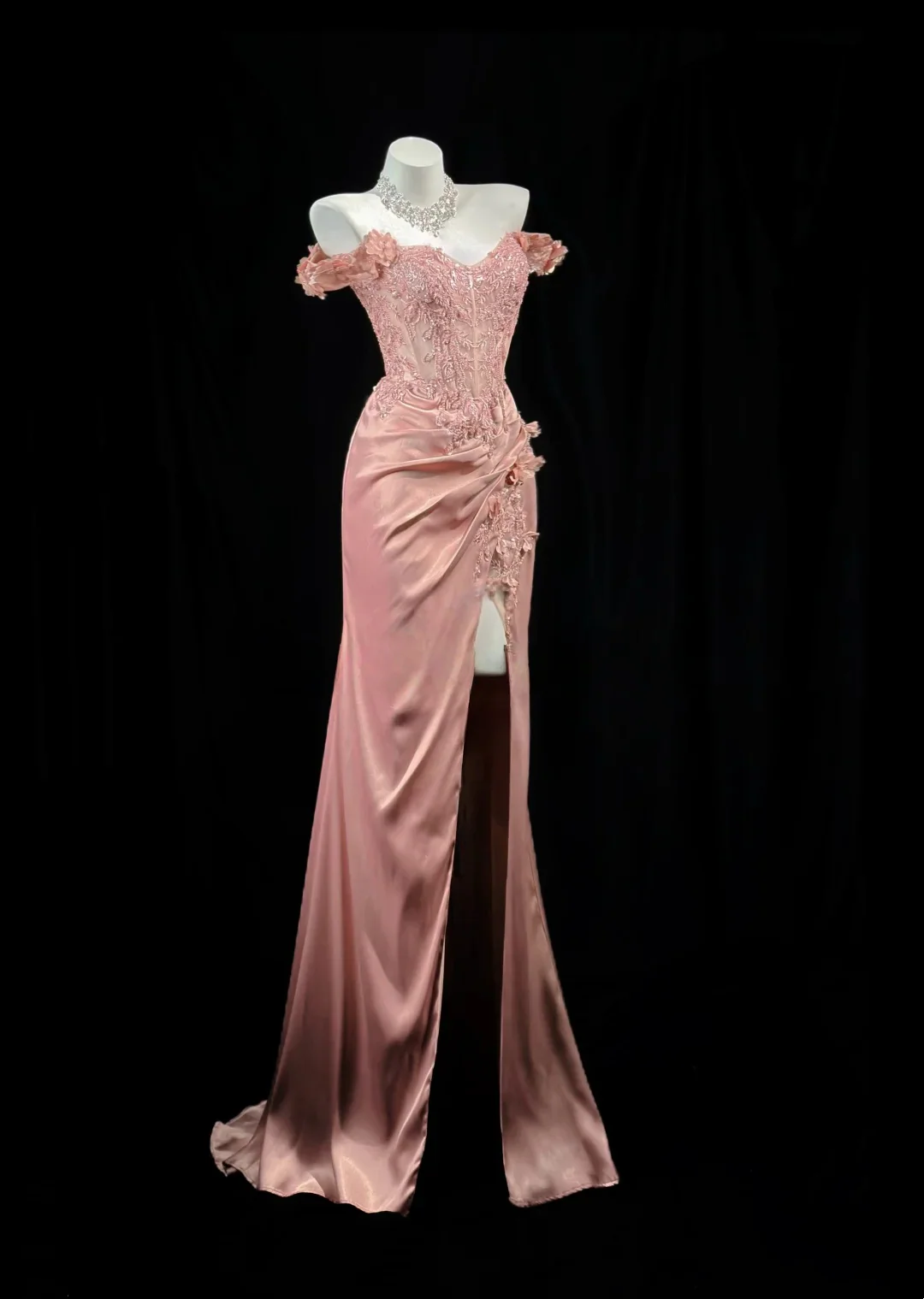 Blush Pink Off-the-Shoulder Mermaid Prom Dress With Lace Corset And High Slit Satin Formal Prom Dress